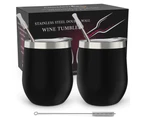 CHILLOUT LIFE Stainless Steel Wine Tumblers 2 Pack 12 oz - Double Wall Vacuum Insulated Wine Cups with Lids and Straws Set (Black)