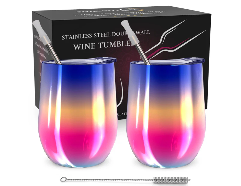 CHILLOUT LIFE Stainless Steel Wine Tumblers 2 Pack 12 oz - Double Wall Vacuum Insulated Wine Cups with Lids and Straws Set (Rainbow)