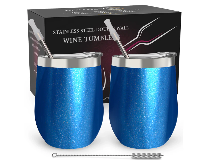 CHILLOUT LIFE Stainless Steel Wine Tumblers 2 Pack 12 oz - Double Wall Vacuum Insulated Wine Cups with Lids and Straws Set (Blue Sparkle)