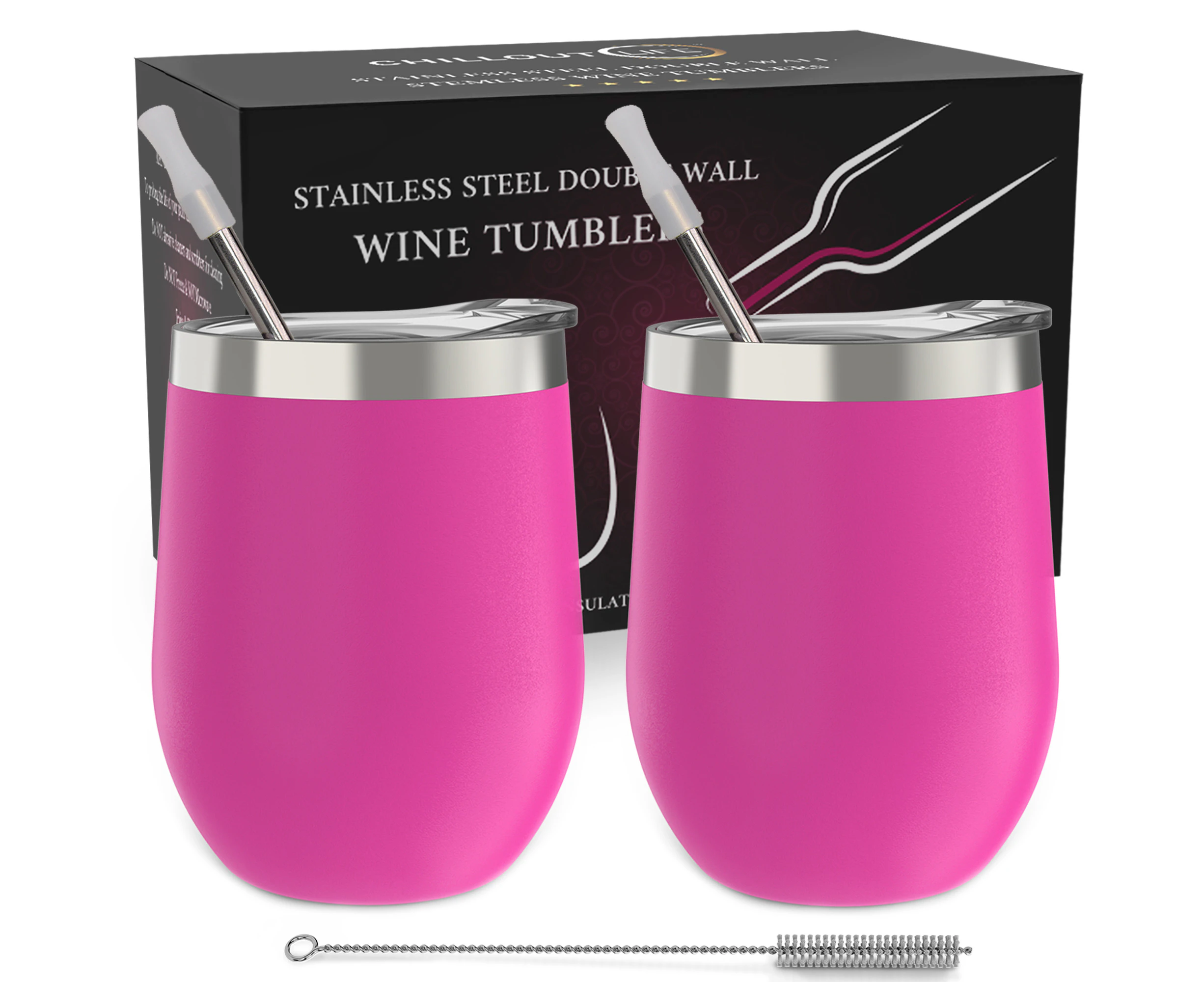 CHILLOUT LIFE Stainless Steel Wine Tumblers 2 Pack 12 oz - Double Wall Vacuum Insulated Wine Cups with Lids and Straws Set - Hot Pink