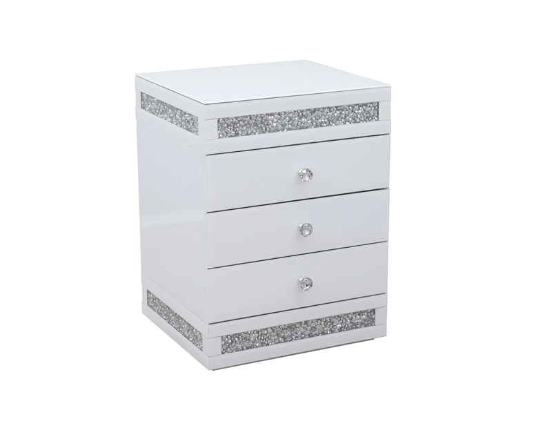 2x 3 Drawers White Mirrored Bedside Table with Crushed Diamond Front