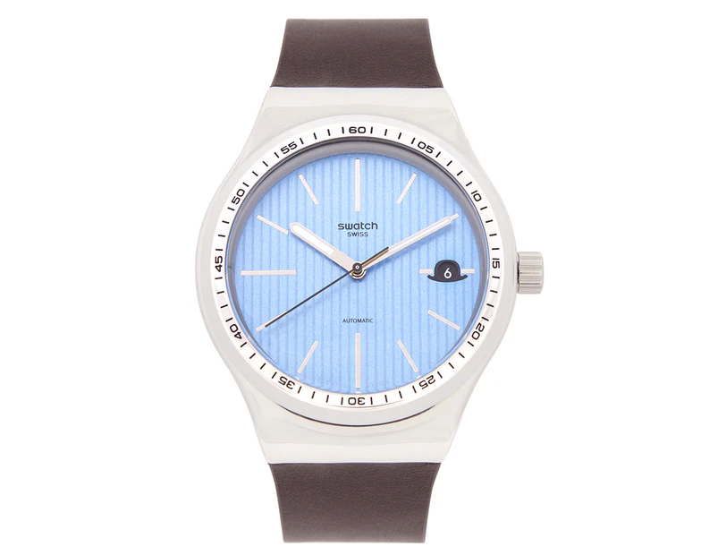 Swatch x Hackett Unisex 42mm Classic Lines Leather Watch - Brown/Blue/Silver