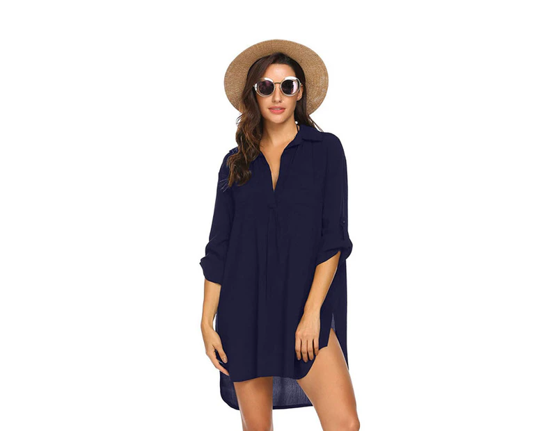 Strapsco Women's Swimsuit Beach Cover Up Shirt Bikini Beachwear Bathing Suit Beach Dress - Blue