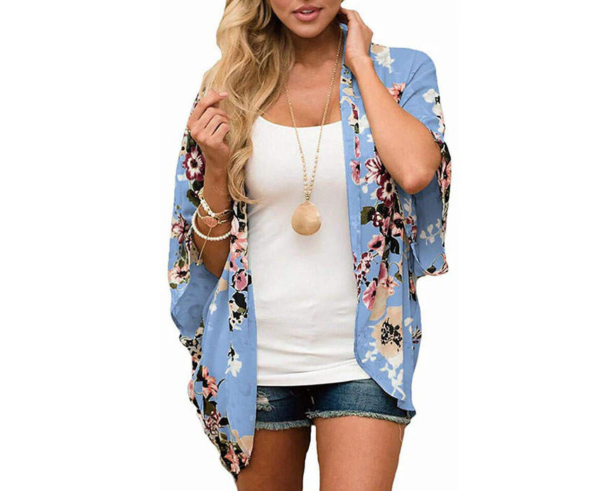 Strapsco Women's Summer Floral Print Kimonos Loose Half Sleeve Chiffon Cardigan Blouses Casual Cover Up - Blue