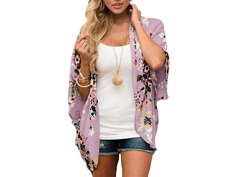 Strapsco Women's Summer Floral Print Kimonos Loose Half Sleeve Chiffon Cardigan Blouses Casual Cover Up - Pink