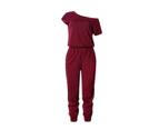 Strapsco Women's Loose Solid Off Shoulder Elastic Waist Stretchy Long Romper Jumpsuit with Pockets - Fuchsia