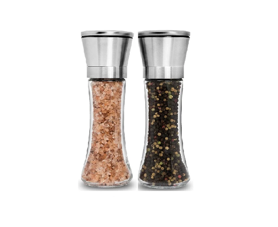 Adore 2 Packs Stainless Steel Salt and Pepper Grinder Set Tall Glass Ceramic Sea Salt Grinder & Pepper Shaker Pepper Mill & Salt Mill - Silver