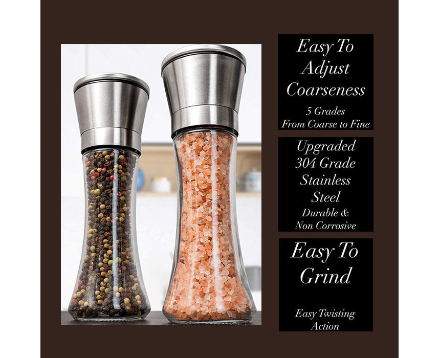 Home EC Premium Stainless Steel Sea Salt and Pepper Grinder Set of 2 -  Adjustable Ceramic - Tall Glass Salt and Pepper Shakers - Pepper Mill &  Salt