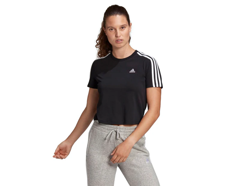 Adidas Women's Essentials Loose 3-Stripes Cropped Tee / T-Shirt / Tshirt - Black/White