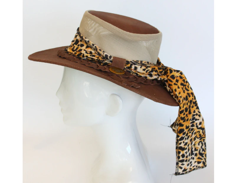 FIL Men's Women's Australian Aussie Outback Bush Hat Leather Akubra Style Indiana -Tan [Design: Indiana Mesh w Ribbon]