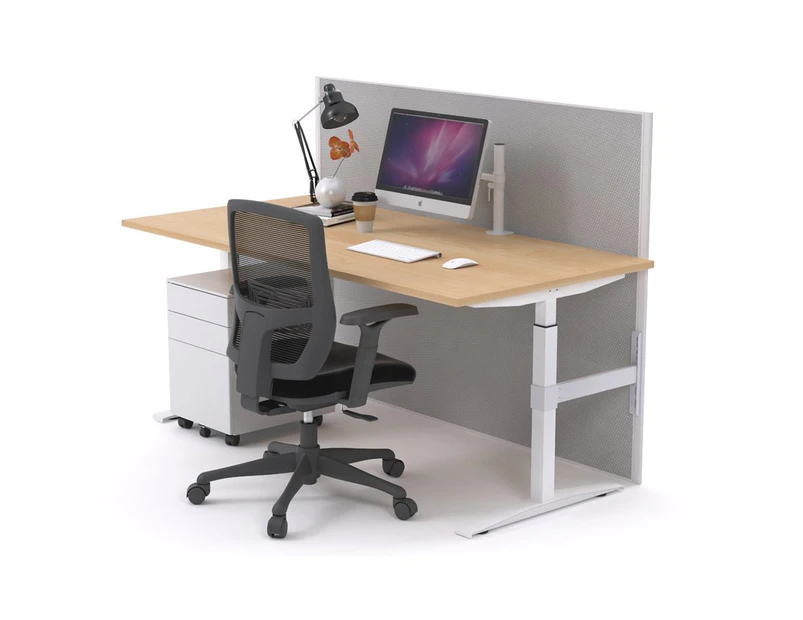Single Sided Electric T Sit Stand Workstation - White Frame [1200L x 800W with Cable Scallop] - maple, city fabric (1200H x 1200W)