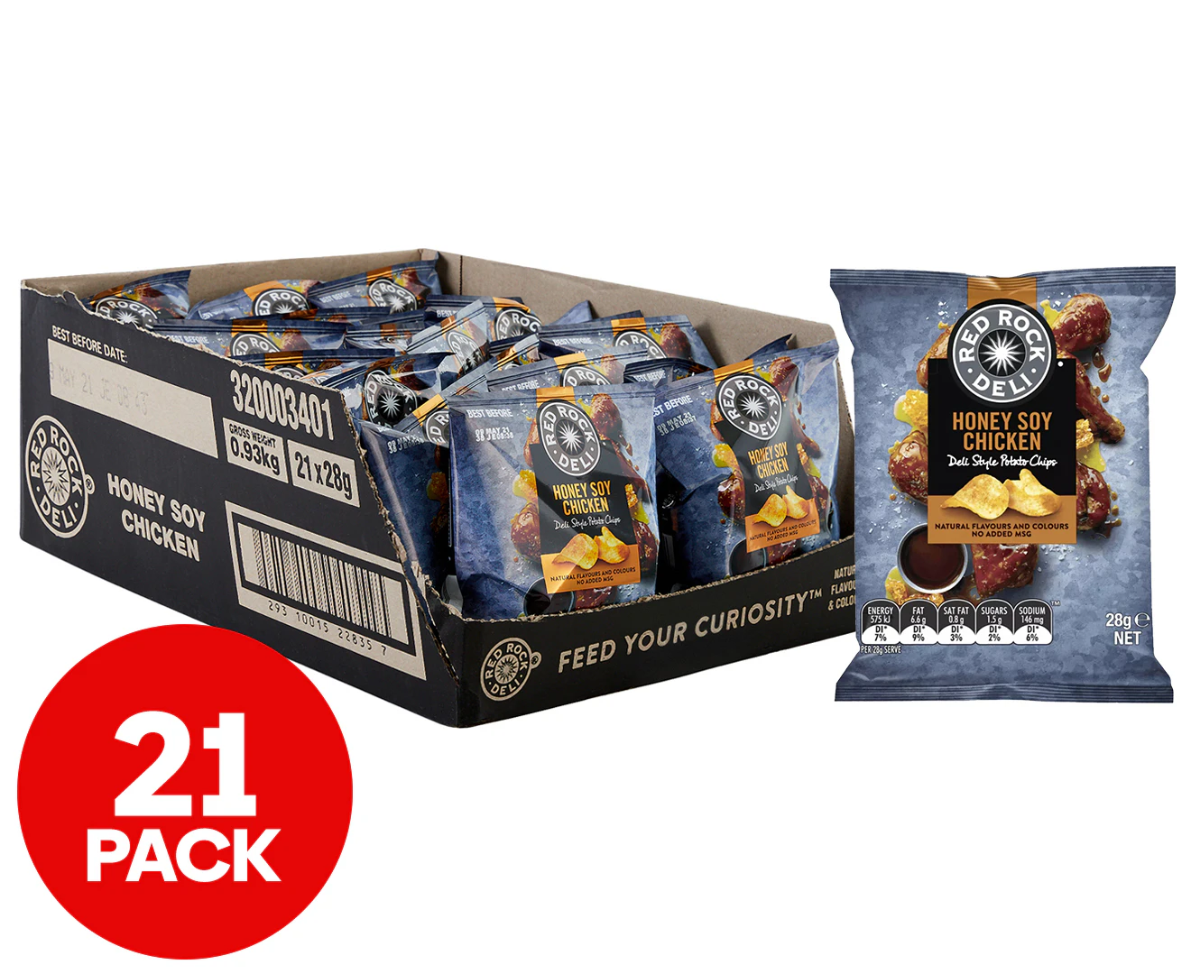 21 x Red Rock Deli Potato Chips Honey Soy Chicken 28g