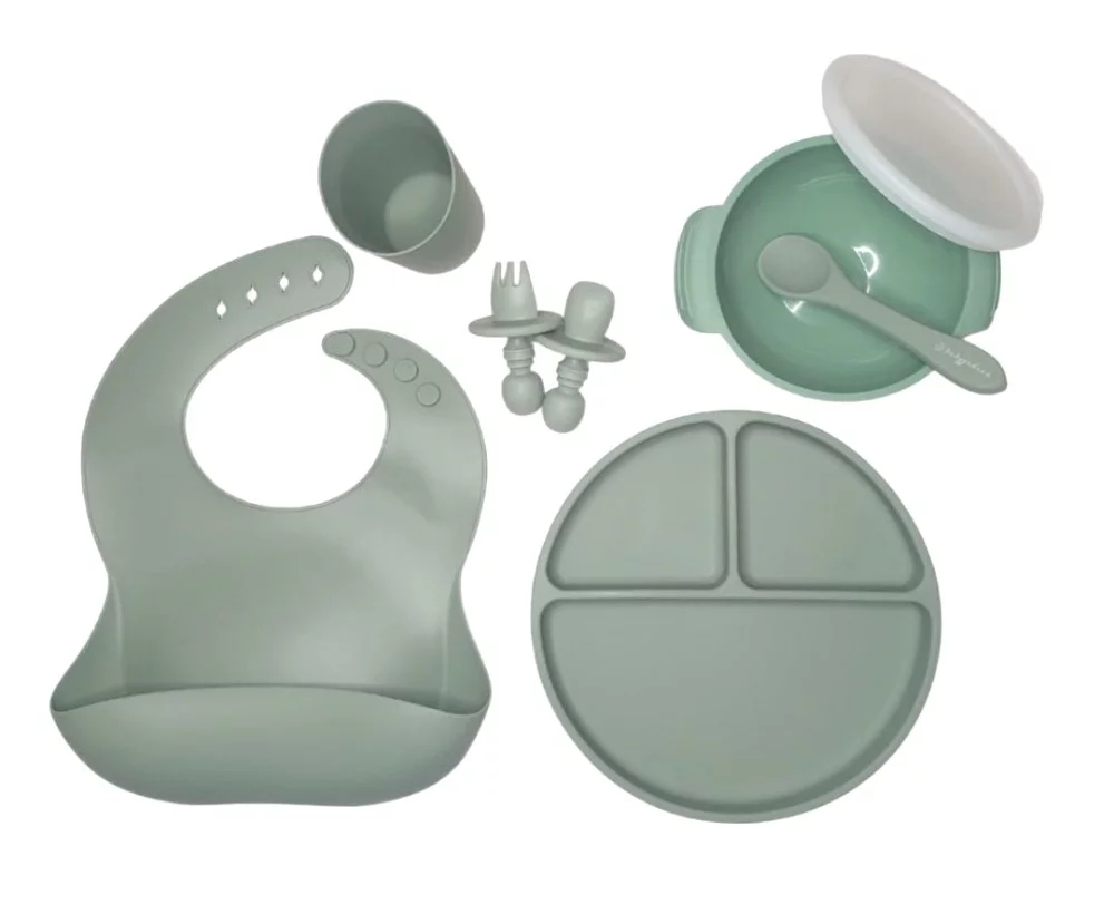 Spoon and Fork,Baby Plate with Suction,First Stage Self Feeding,BPA Free Silicone Baby Feeding Set with Baby Plate 