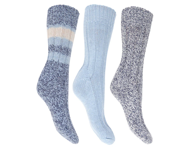 FLOSO Ladies/Womens Thermal Thick Chunky Wool Blended Socks (Pack Of 3) (Blue) - W419