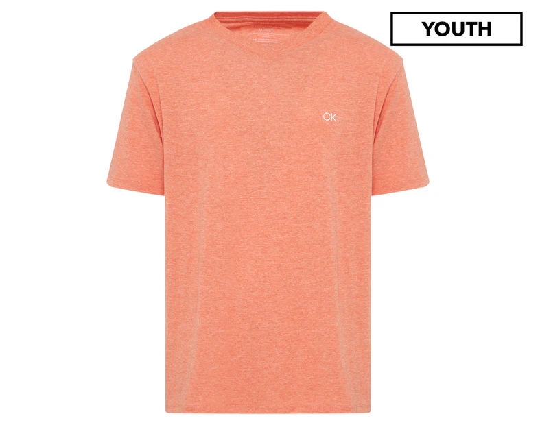 Calvin Klein Jeans Youth Boys' Solid CK Embroidery V-Neck Tee / T-Shirt / Tshirt - Ember Glow Heather Red