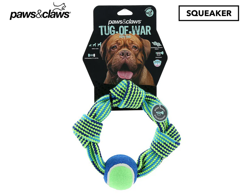 Paws & Claws 25cm Tug-Of-War Squeaky Rope Ring + Tennis Ball Toy - Blue/Green