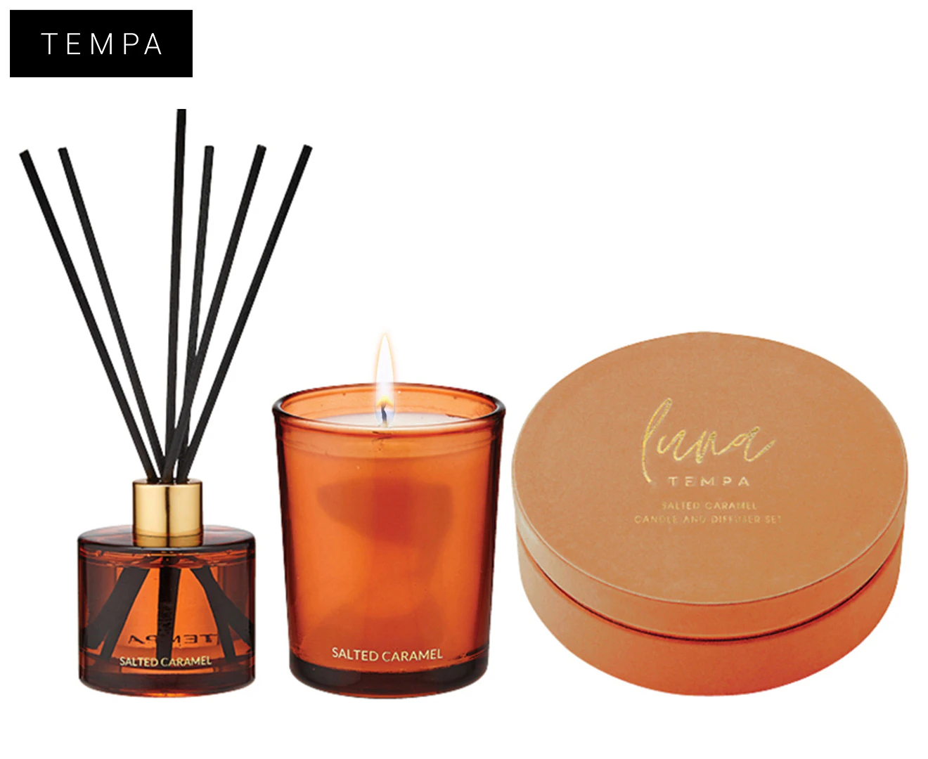 Tempa Luna Salted Caramel Candle/Reed Diffuser Scent Home Fragrance Décor Set