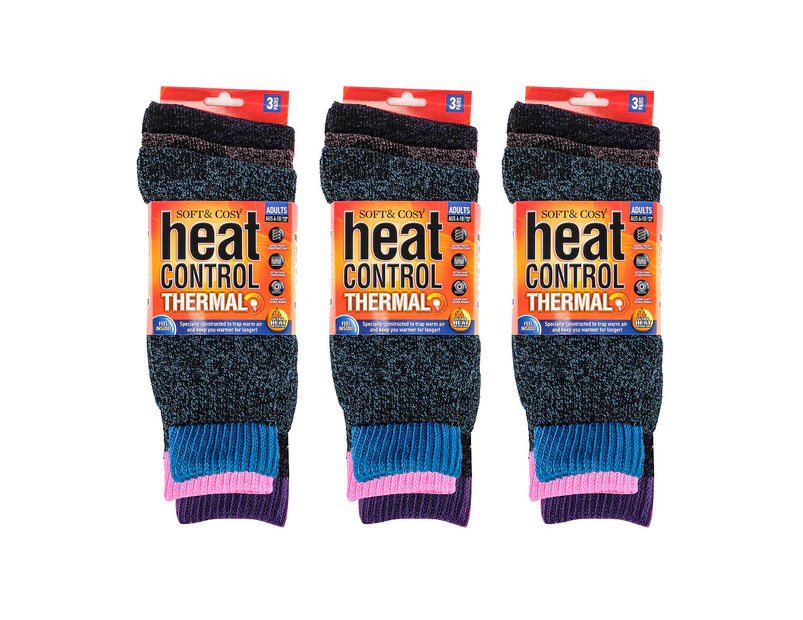 9 Pairs Women's Socks Thermal Crew Cut Deep Cushioning Warm Thick Size 6-10 - Purple, Pink, Blue