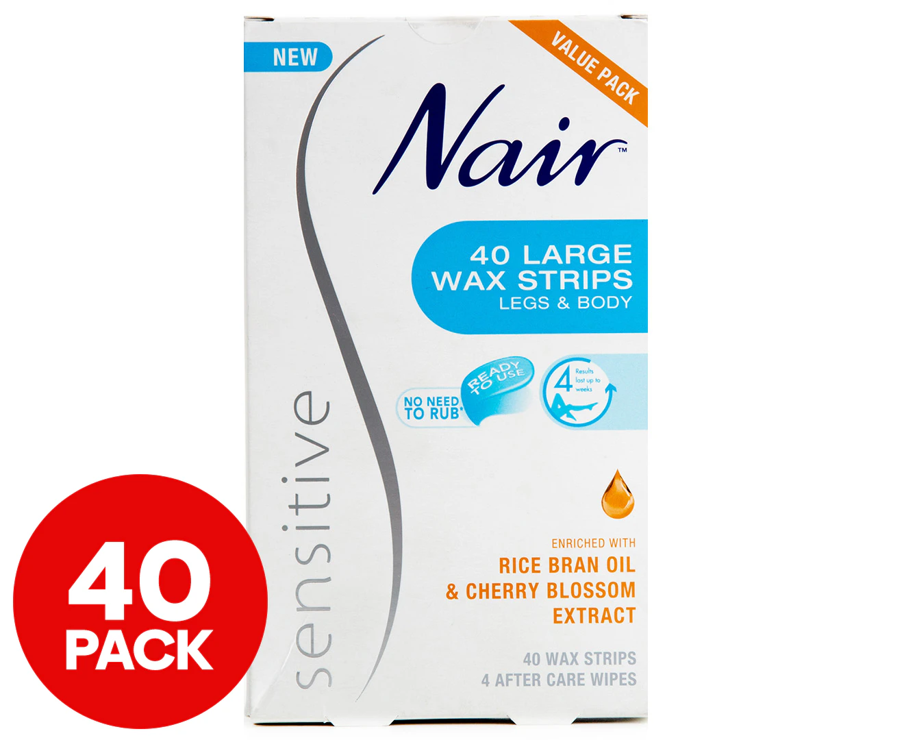 Nair Sensitive Large Wax Strips | 40 pack | Legs & Body