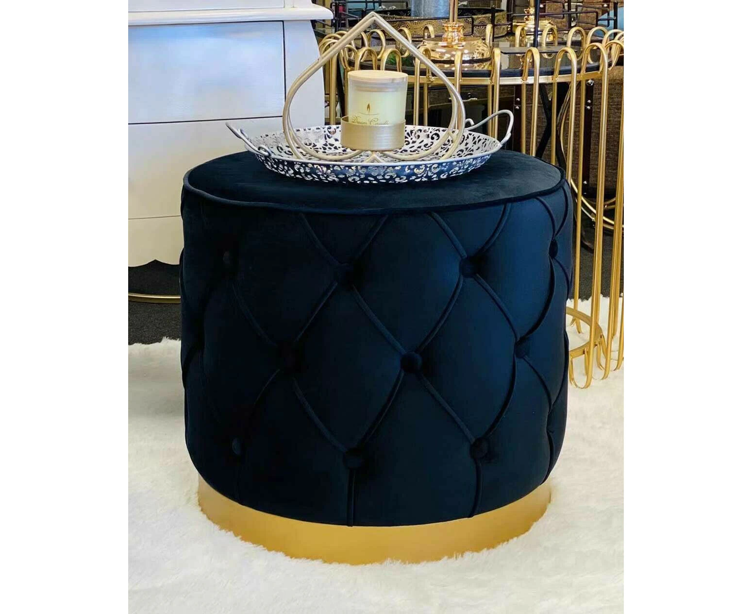 Handmade velvet ottomans with gold metal bases - classic black