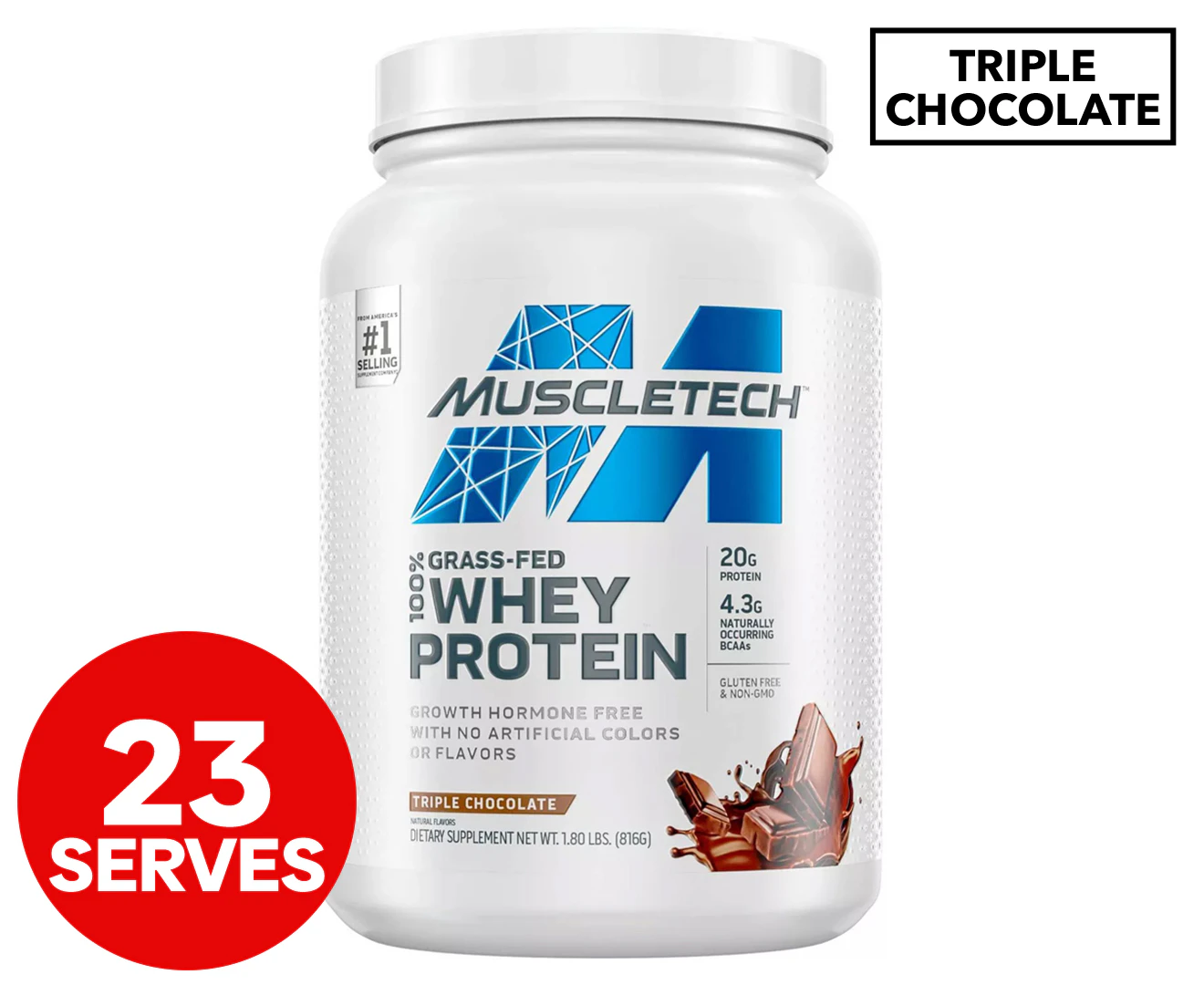 MuscleTech Grass Fed 100% Whey Protein Powder Triple Chocolate 816g / 23 servings