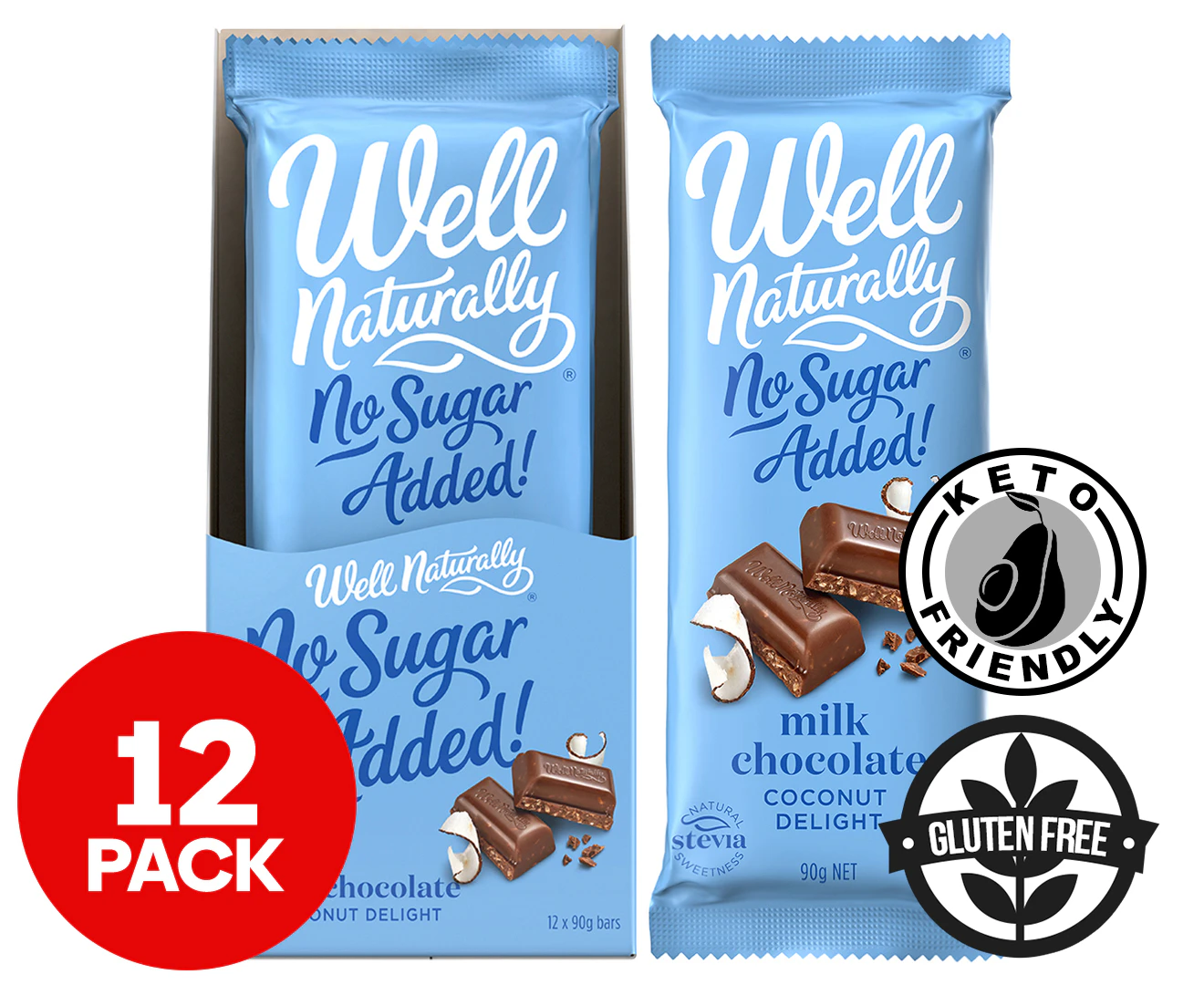 12 x Well Naturally No Added Sugar Milk Chocolate Bar Coconut Delight 90g