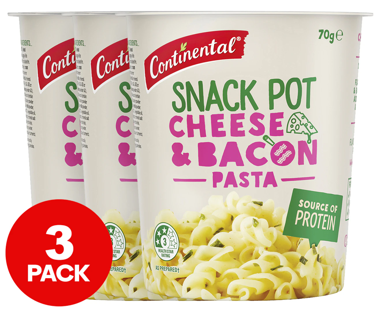 3 x Continental Snack Pot Cheese & Bacon Pasta 70g 