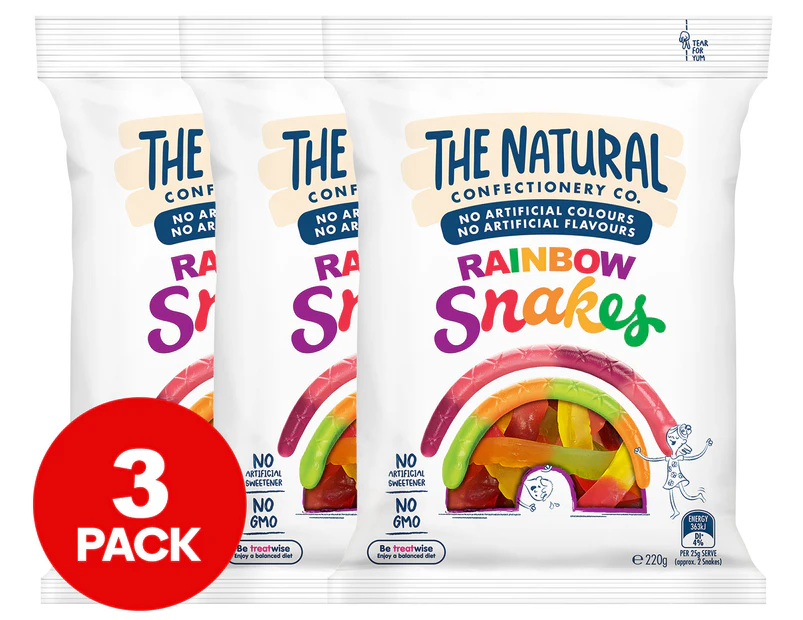 3 x The Natural Confectionery Co. Rainbow Snakes 220g
