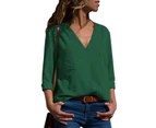 Azura Exchange Green Pockets V-Neck Long Sleeve Blouse
