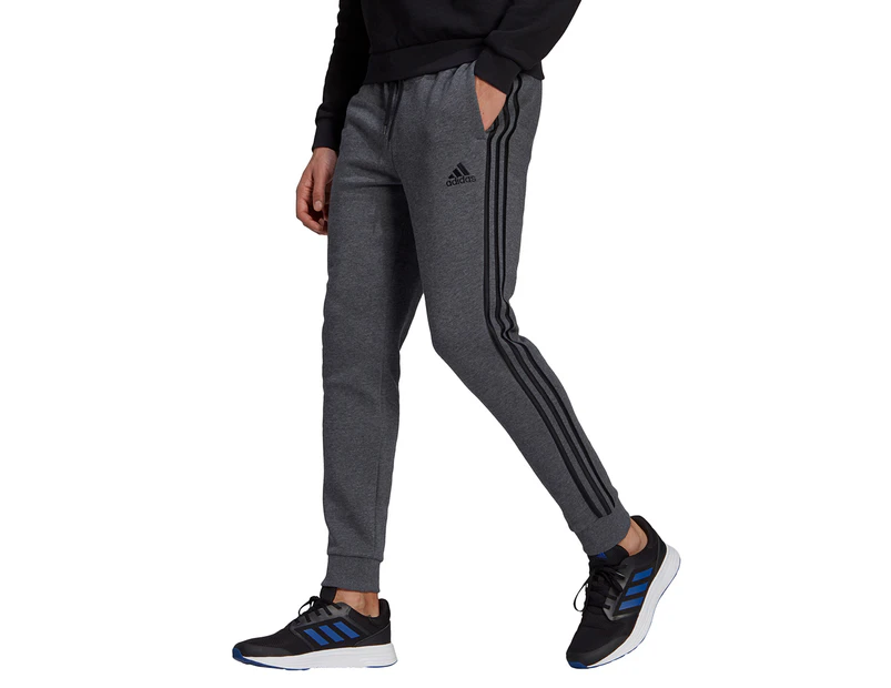 Adidas Men's Essentials Fleece Tapered Cuff 3-Stripes Pants / Joggers - Dark Grey Heather/Black