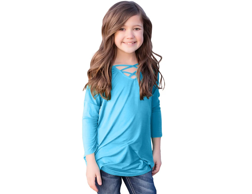 Azura Exchange Turquoise Long Sleeve Crisscross Top for Girls Women Clothing Girls Tops