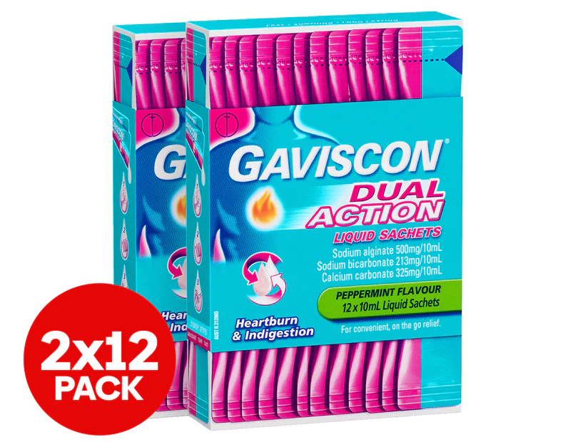 2 x 12pk Gaviscon Dual Action Liquid Sachets Peppermint 10mL