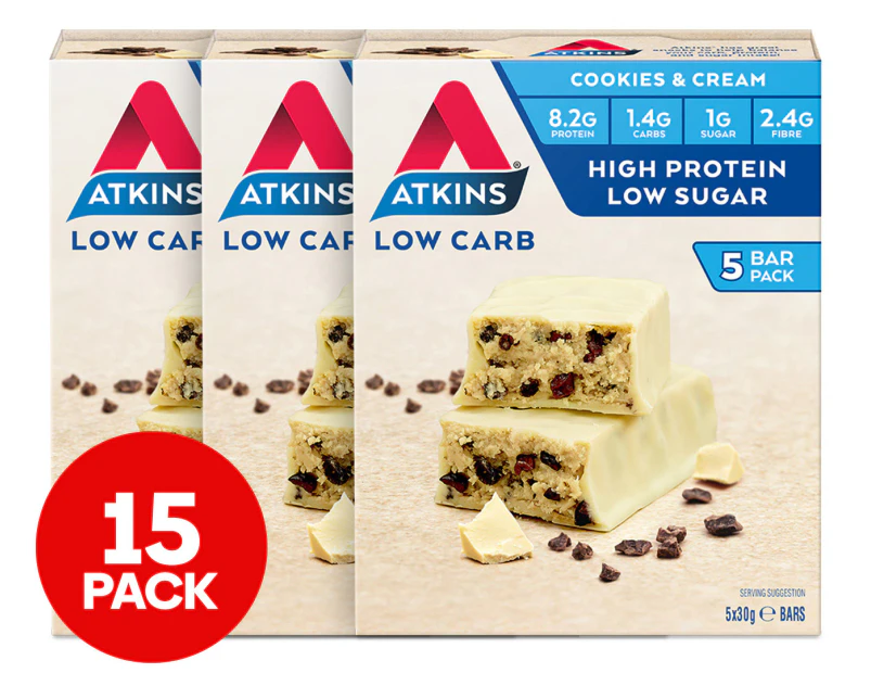 3 x Atkins Advantage Cookies & Cream 30g 5pk Low Carb Protein Bars