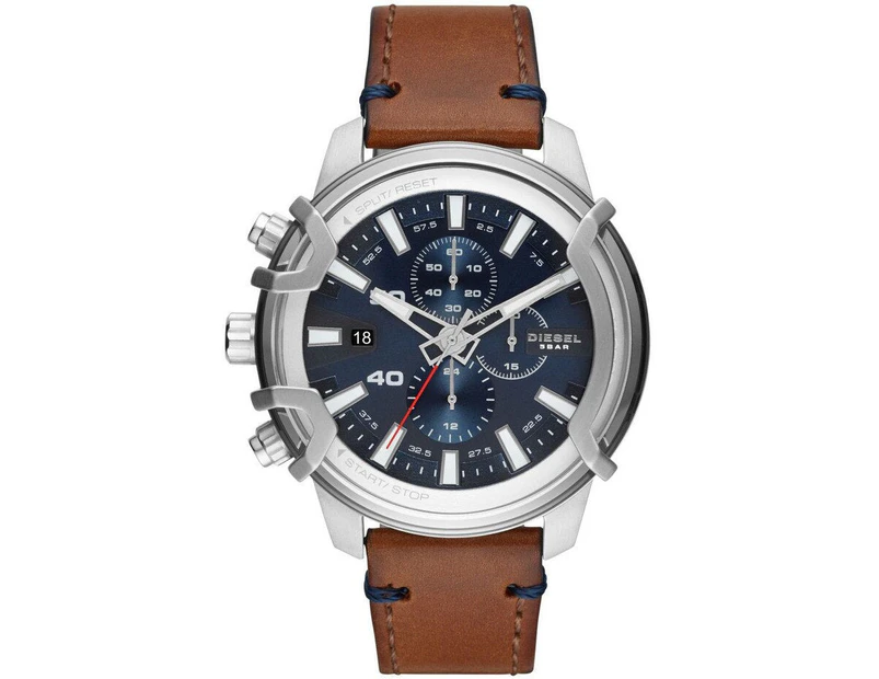 Diesel Griffed Blue Dial Chronograph Brown Leather Watch DZ4518