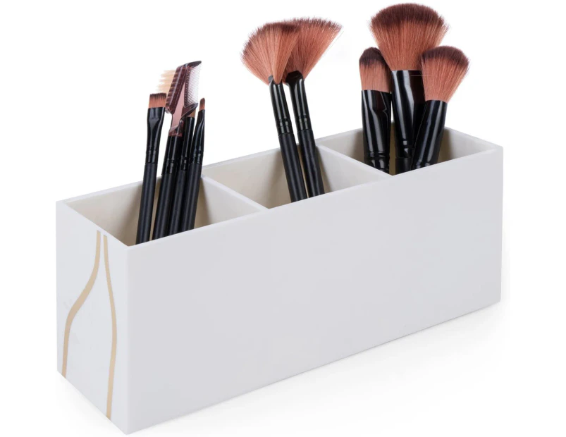 Makeup Brush Holder Organiser 3 Slot Acrylic Cosmetics Brushes Storage Solution - Beige