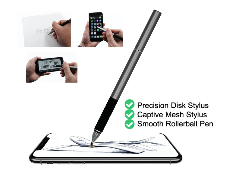 Styllo - Stylus Pen 3 in 1 for Apple iPad iPhone Android Tablet Microsoft Surface with Precision Disk Stylus, Captive Mesh Stylus, Rollerball Pen
