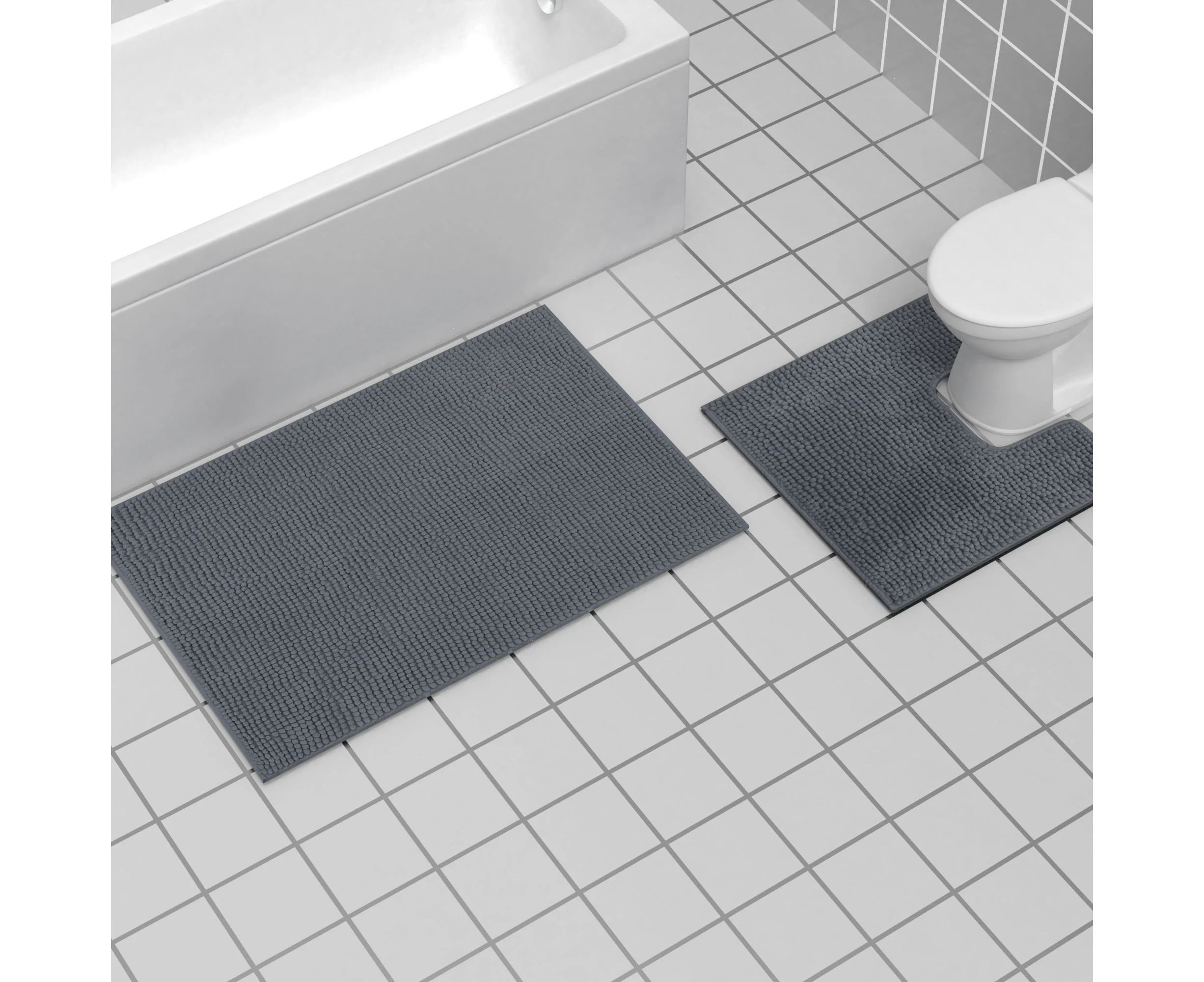 JustLINEN 1200GSM 2 Pcs Chenille Bath Mat Rug 60*90cm+Toilet Mat Set-Charcoal