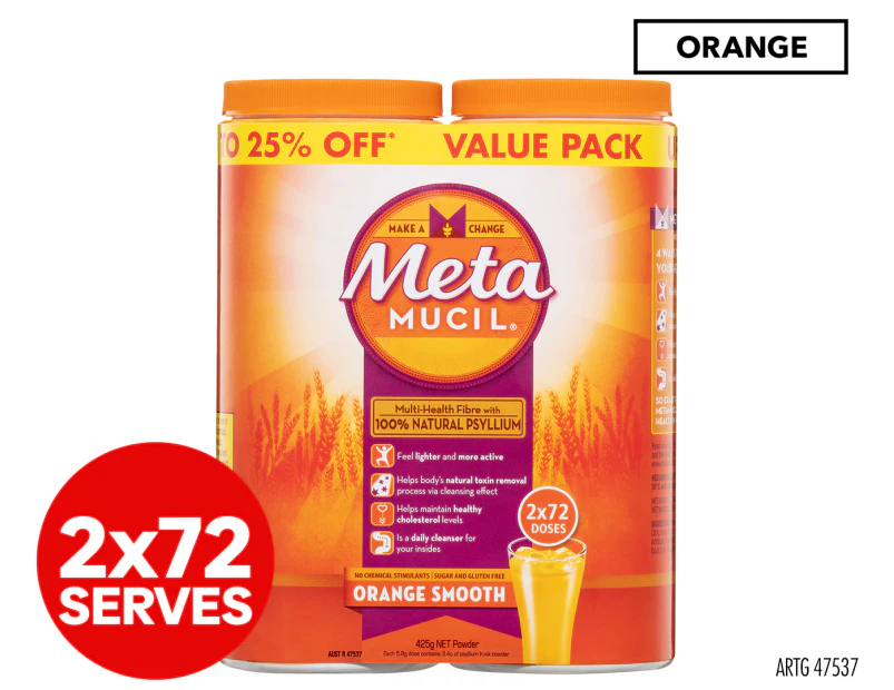 2 x Metamucil Daily Fibre Supplement Orange Smooth 425g / 72 Serves