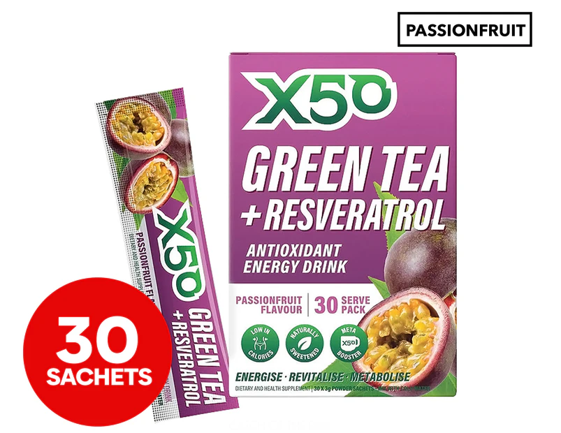 X50 Green Tea + Resveratrol Antioxidant Energy Drink Passionfruit 30 Serves