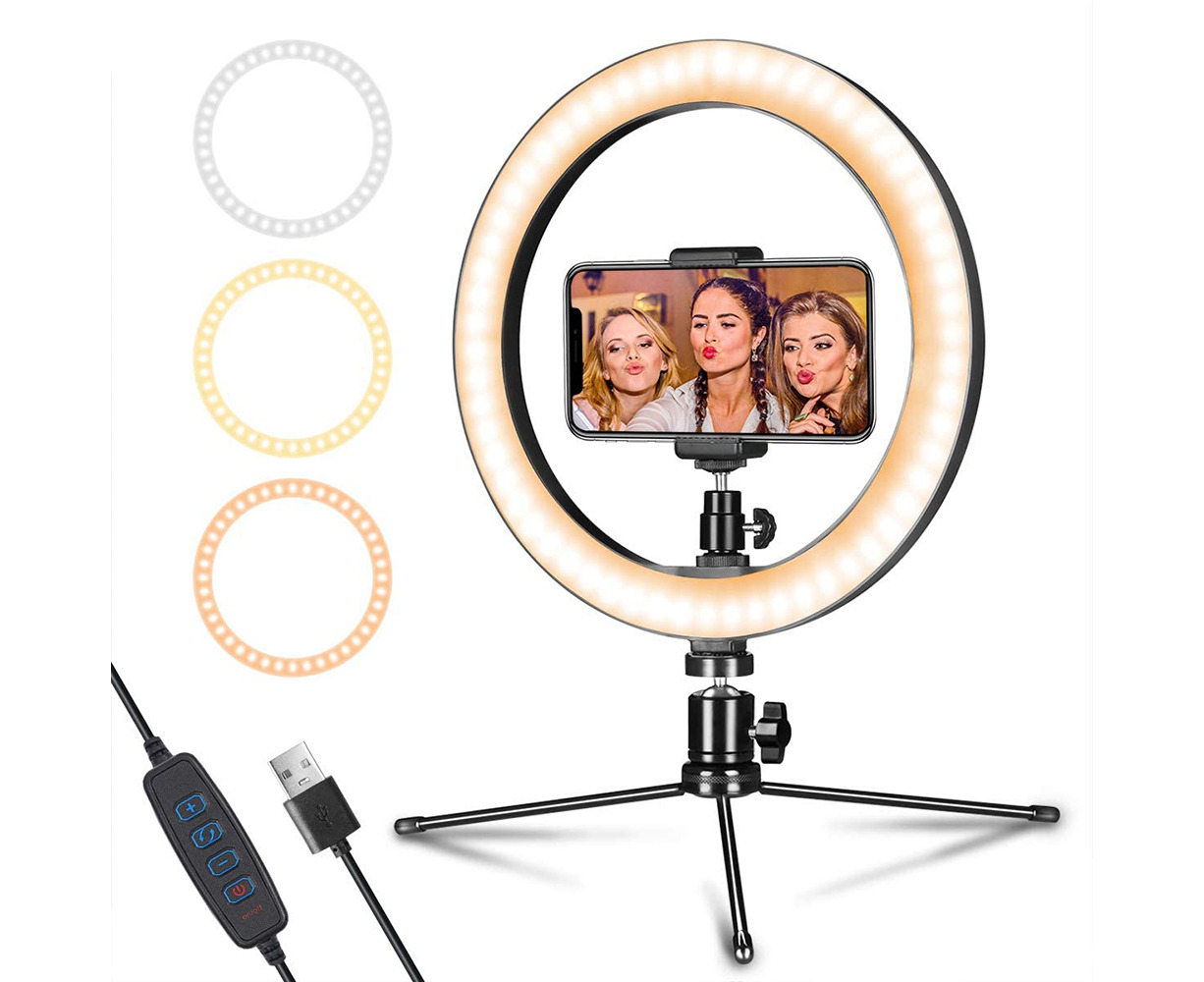 10 LED Ring Light with Mini Tripod Stand &Phone Holder.3 Dimmable Colors,10 Adjustable Brightness,Bluetooth remotes for Live Streaming/Vlogging/Portrait Shooting Compatible with Smartphones/Go-pro 