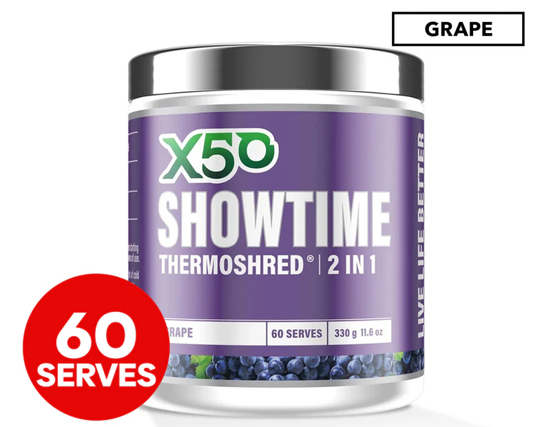 X50 Showtime Thermoshred 2 In 1 Pre-Workout Thermogenic Powder Grape 330g / 60 Serves