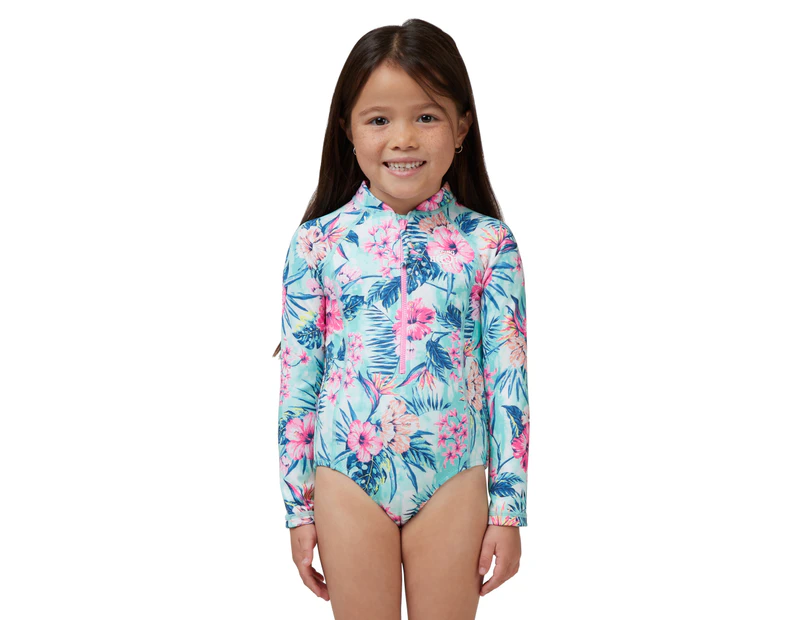 Piping Hot Toddler Girls Recycled Eco-Friendly LS Zip-Front One Piece Swim Suit Paradise Surf