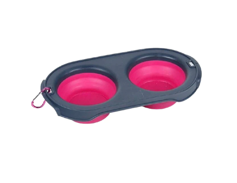 Outdoor Silicone Double Dog Bowl - Rose Red