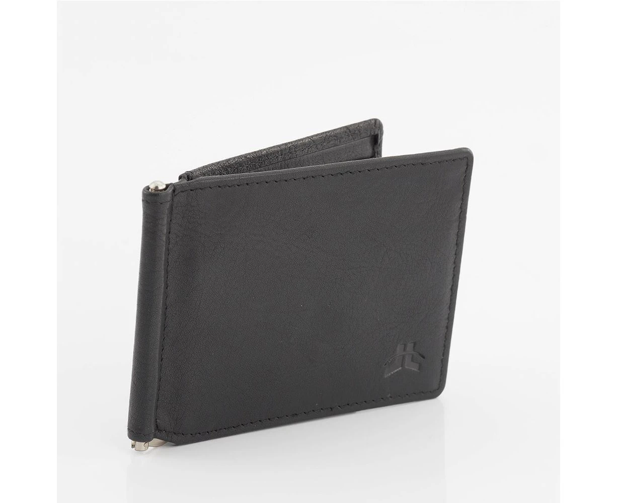 RFID Genuine Cowhide Leather Slim Mens Money Clip Wallet - Black