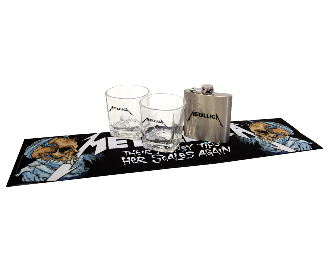 Set of 2 Metallica Glasses w/ Flask & Bar Mat