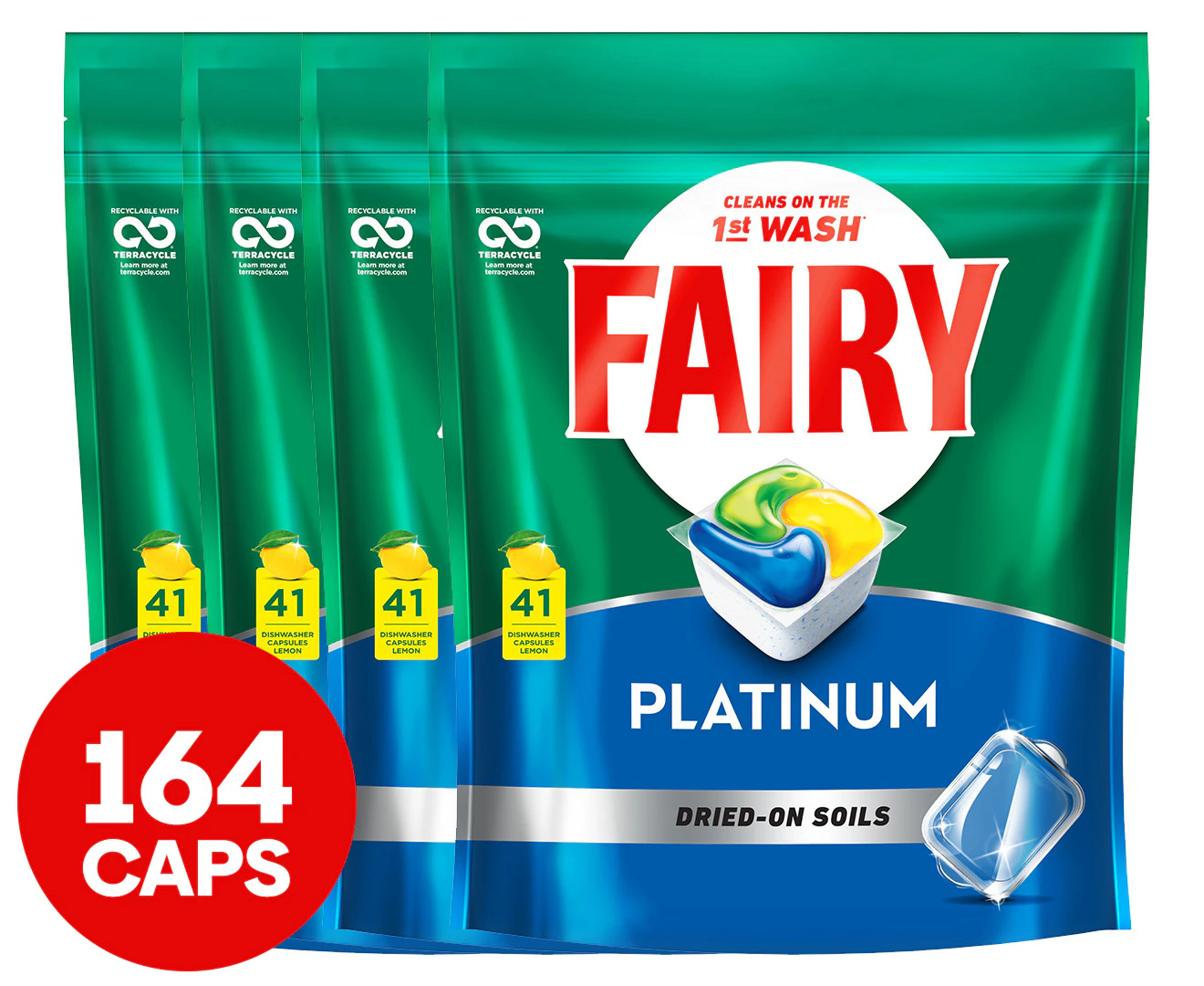 4 x 41pk Fairy Platinum All In One Dishwasher Caps Lemon