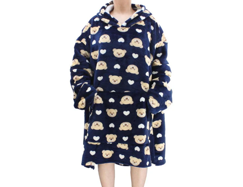 FIL Oversized Hoodie Blanket Plush Warm Fleece Soft Pullover - Navy with Bears