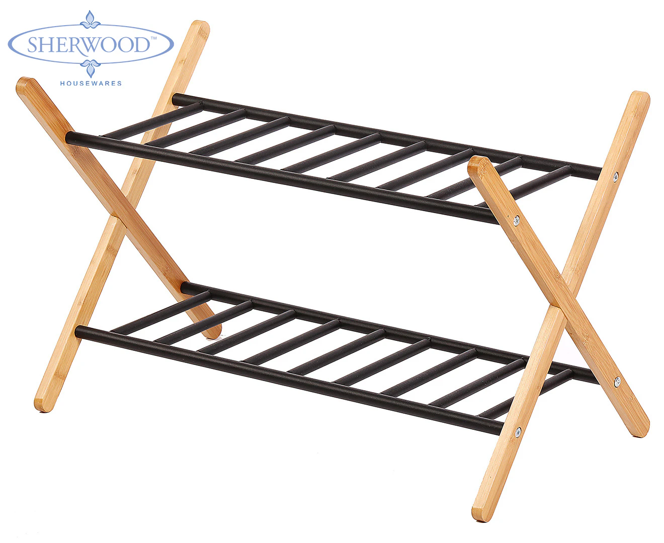 Sherwood Home 2-Tier Portable Natural Bamboo and Metal Shoe Rack - Light Brown- 66X35.5X42cm