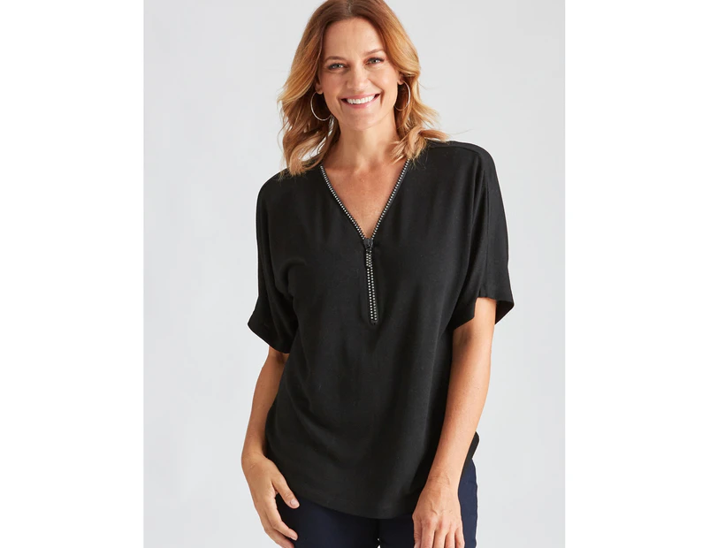 Millers Extended Sleeve Top With Bling Zipper - Womens - Black