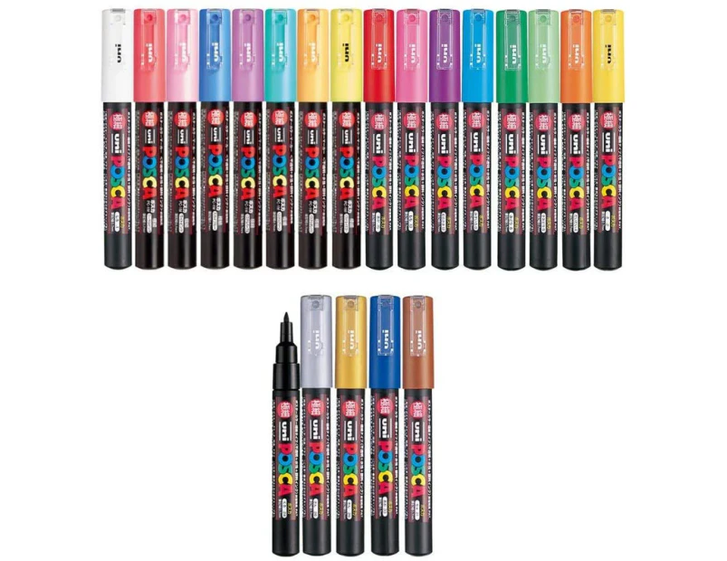Uni Posca Paint Marker Full Range Bundle Set of 21,  Extra Fine Point (PC-1M)